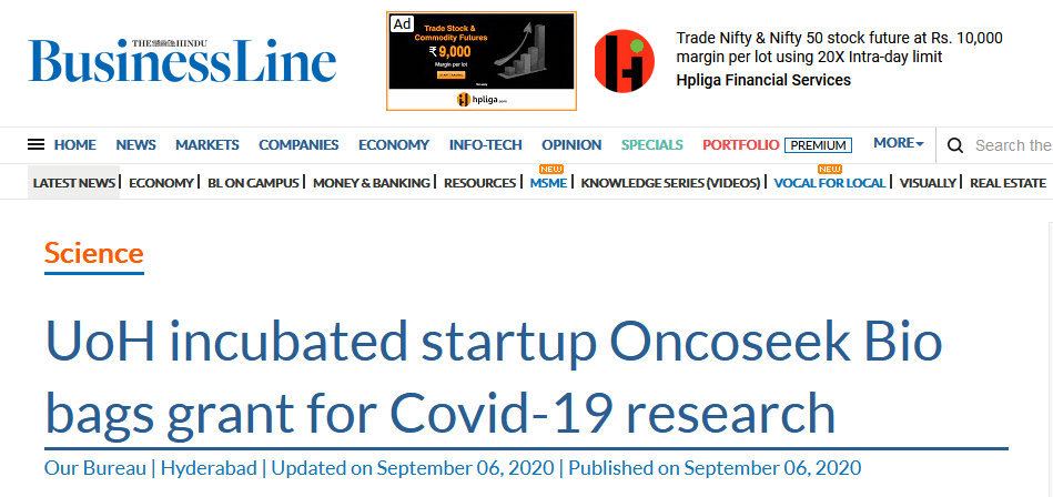 UoH incubated startup Oncoseek Bio bags grant for Covid-19 research