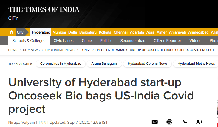 University of Hyderabad start-up Oncoseek Bio bags US-India Covid project