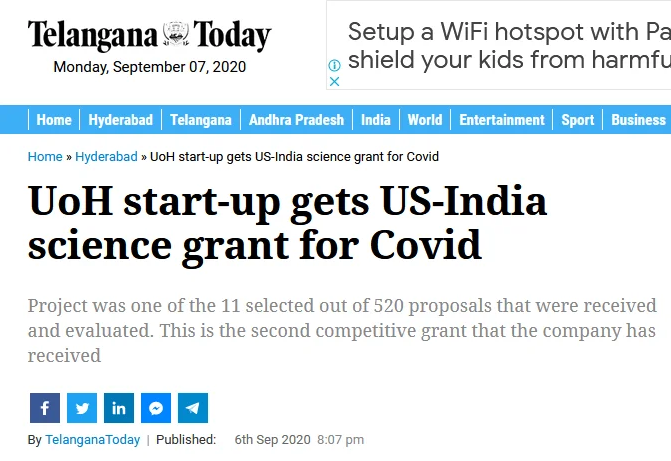 UoH start-up gets US-India science grant for Covid