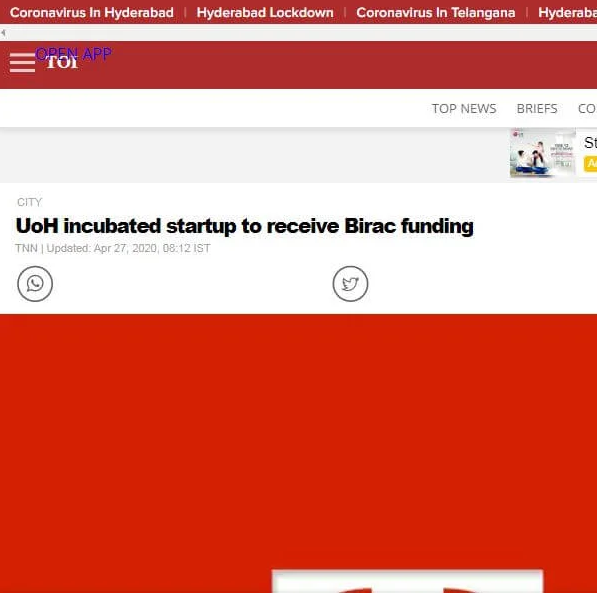 UoH incubated startup to receive Birac funding