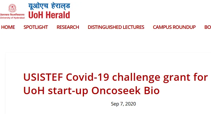 UoH start-up gets US-India science grant for Covid