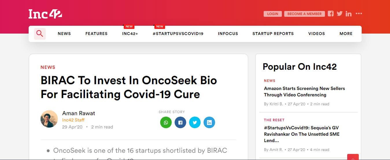 BIRAC To Invest In OncoSeek Bio For Facilitating Covid-19 Cure